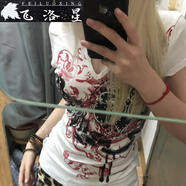 飛洛星夏季y2k亞比風暗黑甜酷韓版朋克復古辣妹v領短袖T恤修身短款亞文 白色 S