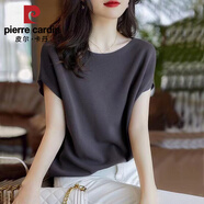 皮爾卡丹（pierre cardin）冰絲短袖T恤2025春夏新款洋氣蝙蝠袖寬松顯瘦遮肉套頭薄款針織衫 2024深咖啡2025 均碼