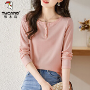 啄木鳥(niǎo)純色長(cháng)袖t恤女2025春裝新款女士春秋打底衫減齡漂亮洋氣內搭上衣 E8..霧粉色 L 適合90-100斤