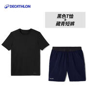 迪卡儂（DECATHLON）速干t恤男夏訓(xùn)練休閑寬松透氣健身跑步速干衣短袖MSJT 氣質(zhì)黑短袖/藏青色短褲 S （歐碼偏大）