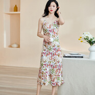 米思陽(yáng)秋季新款優(yōu)雅淑女印花吊帶裙修身顯瘦中長(zhǎng)連衣裙2521 粉色 S