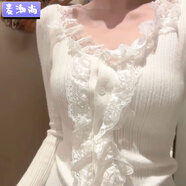 麥潮尚針織衫女毛衣白色純風(fēng)荷葉邊蕾絲打底衫女小香風(fēng)內(nèi)搭修身短款上衣 白色 S