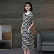 水畔衣人高檔文藝范休閑連衣裙女2025夏季新款中長款遮肉氣質(zhì)短袖條紋裙子 黑白條紋 XL 【建議131-145斤】