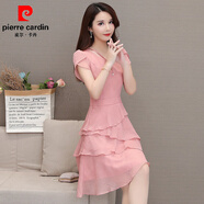 皮爾卡丹（pierre cardin）尤萊特法式連衣裙女士裝韓版顯瘦氣質(zhì)雪紡中長(zhǎng)款夏裙小清新蛋糕裙 粉紅色  XL