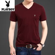 花花公子（PLAYBOY）男士短袖中年v領(lǐng)t恤潮純色雞心領(lǐng)半袖體恤打底男丅 純色-酒紅色【V領(lǐng)短袖【單件 2XL 建議121-135斤