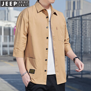 JEEP SPIRIT男裝棉寬松長袖夾克襯衫男2025春秋款男士襯衣潮流上衣外套 卡其色Q23 純棉七分袖 XL 建議138-158斤