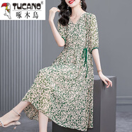 啄木鳥(niǎo)杭州冰絲連衣裙2025夏季新款雪紡碎花媽嗎長(cháng)裙V領(lǐng)春季處理 花色 3681 L 105-115斤