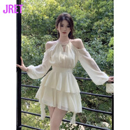 Jret春夏大碼胖mm長(zhǎng)袖法式連衣裙仙女收腰甜美雪紡短裙荷葉邊蛋糕裙子 杏色 L 【105-115斤】