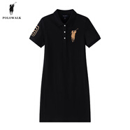 POLOWALK針織連衣裙女夏季新款氣質(zhì)翻領(lǐng)刺繡運(yùn)動(dòng)風(fēng)A字裙通勤歐美休閑 黑色 S
