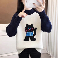 以純（YISHion）初中生半高領(lǐng)加厚毛衣少女秋冬內搭高中學(xué)生女大童加絨打底針織衫 藍圍裙貓 藏青袖 L 115-130斤