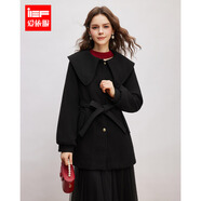 IEF/愛(ài)依服2025冬季新款法式甜美淑女氣質(zhì)大翻領(lǐng)設計毛呢中長(cháng)外套 黑 S