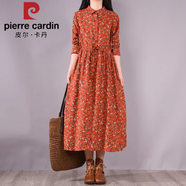 皮爾卡丹專(zhuān)柜大牌女小清新碎花亞麻長(cháng)裙長(cháng)袖加絨加厚棉麻連衣裙 橘紅色_（仿舊款介意勿拍）常規 M 建議85-110斤