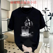 森馬（Semir）2025夏季新款潮牌痞帥男裝百搭圓領(lǐng)個(gè)性印花短袖T恤男士修身 黑色短袖(前-A倒酒) L 建議130-150斤