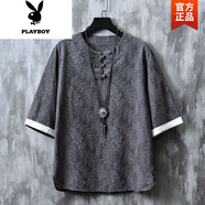 花花公子（PLAYBOY）中國(guó)風(fēng)男裝提花棉麻短袖t恤男夏季復(fù)古居士服新中式T恤亞麻禪服 灰色 2XL 【參考體重150-165斤】