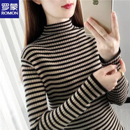 羅蒙（ROMON）2025秋冬打底衫女新款長(zhǎng)袖條紋毛衣高領(lǐng)修身內(nèi)搭拼色半高領(lǐng)針織衫 黑咖色 + M 建議101-115斤