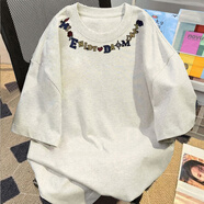 文頗100%純棉熒光綠夏季重磅美式短袖t恤寬松情侶體恤五分袖上衣男女 220克-花灰 L 建議110-125斤