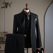 DK高端男裝戧駁領(lǐng)西服套裝男士雙排扣外套休閑商務(wù)正裝伴郎結婚西裝 雅致黑條紋（西服+馬甲+西褲） 2XL 適合(135-145斤)