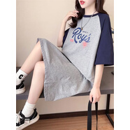 衣吧客棉連衣裙短袖T恤裙韓版女夏季新款撞色長(cháng)款過(guò)膝寬松大碼原宿風(fēng) 79灰色(棉好質(zhì)量) M 均碼