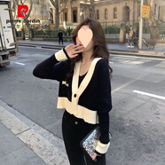 皮爾卡丹外搭薄款針織衫開衫長袖拼色外套春裝新春季女外穿辣妹短款上衣 黑白【品質(zhì) S
