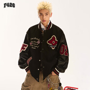 F426國潮牌春季寬松休閑刺繡毛巾繡毛呢棒球服夾克 黑色 XL