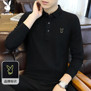花花公子（PLAYBOY）長(zhǎng)袖T恤男裝春夏季男士polo打底衫寬松潮流上衣服 黑色 XL