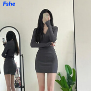 FSHE氣質(zhì)黑色連衣裙女針織2025新款春秋長袖短裙包臀內(nèi)搭拉鏈打底裙子 灰色Grey 2XL 建議128-138斤