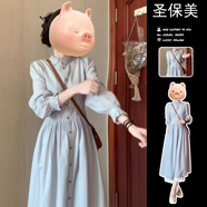 圣保美藍(lán)色長袖襯衫連衣裙女裝春秋季2025新款氣質(zhì)小個(gè)子內(nèi)搭打底長裙子 藍(lán)色 XL 碼