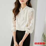 美梵朗年秋季新款盤(pán)扣新中式上衣女長(cháng)袖微透膚透氣清爽提花雪紡衫 杏色 S