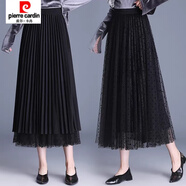 皮爾卡丹（pierre cardin）半身裙秋冬加厚百褶裙網(wǎng)紗A字裙兩穿半身裙中長(cháng)款高腰顯瘦長(cháng)裙子 6833兩面穿小圓點(diǎn)黑色 80厘米 均碼 80-150斤