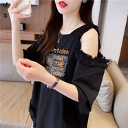 茵侈蕾絲露肩短袖t恤女夏季新款大碼女裝寬松不規則開(kāi)叉中長(cháng)款上衣潮T 黑色 M