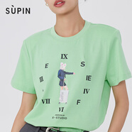 速品SUPIN女裝印花圓領(lǐng)T恤夏季新款寬松落肩休閑百搭上衣 G01淺綠 M