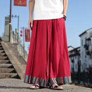 華天牧古風(fēng)漢服飄帶設計感闊腿褲男士中國風(fēng)亞麻裙褲寬松垂感棉麻直筒褲 紅色 3XL 165-180斤