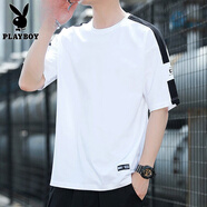 花花公子（PLAYBOY）夏季純棉短袖冰絲t恤男士薄款透氣潮流牌大碼T情侶學生半袖上衣服 31白色 M
