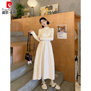 皮爾卡丹（pierre cardin）半高領(lǐng)針織長袖連衣裙小香風(fēng)毛呢外套女秋冬新款流行時尚漂亮套裝 米杏色連衣裙 均碼
