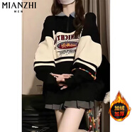 棉致2024美式拼色polo領衛(wèi)衣女春秋季新款寬松學生慵懶風加厚 黑色【5228加絨高品質(zhì)】 M 80-100斤