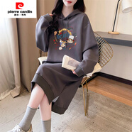 皮爾卡丹（pierre cardin）中長(zhǎng)款過(guò)膝長(zhǎng)袖連衣裙女秋季2025新款寬松慵懶風(fēng)開(kāi)叉連帽衛(wèi)衣裙子 900-3-深灰色(薄款) S (建議70-90斤)