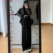 MELROSEMOOD高腰窄版直筒牛仔褲女寬松闊腿2025高個(gè)子女裝新款顯瘦直筒拖地褲 黑灰色（九分褲） M