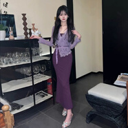 茵侈韓版純欲風(fēng)純色蕾絲開衫吊帶連衣裙女春秋新款性感修身百搭包臀裙 紫色一整套連衣裙【兩件套】 S