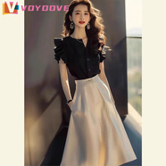VOYDOVE今年流行漂亮套裝裙女2025新款夏季輕奢感氣質(zhì)黑色襯衫兩件套 黑色襯衫+半身裙【z】 L 建議105-115斤