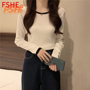 FSHE正肩長(cháng)袖t恤女春秋薄款休閑撞色打底衫百搭修身顯瘦內搭上衣女潮 白色 [春秋薄款] M 建議[105斤內]