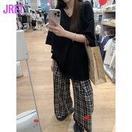 Jret大碼女裝白色慵懶風(fēng)T恤女夏季胖mm寬松遮肚V領(lǐng)短袖上衣休閑體恤 黑色 2XL (建議140~160斤) 大碼
