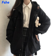 FSHE連帽長袖工裝外套女2025年春秋新款韓版學院風寬松百搭學生上衣潮 黑色[加棉] 厚款 L