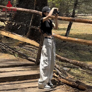 夏雨瑤白色工裝褲女2025春秋新款小個(gè)子美式復古寬松休閑褲闊腿拖地長(cháng)褲 白色 【不含腰帶/設計感/沙白色】 S 【建議80-95斤】