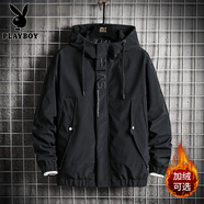 花花公子秋冬季連帽夾克外套男士加絨潮流寬松大碼褂子工裝外穿沖鋒上衣服 92黑色 XL