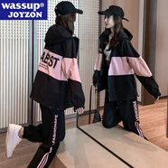 WASSUP JOYZON品牌運動(dòng)服套裝女寬松大碼春秋新款時(shí)尚學(xué)生加絨休閑兩件套跑步服 粉黑色（春秋款兩件套） 2XL（建議150-165斤）