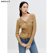 NEELLY納儷商場(chǎng)同款V領(lǐng)長(zhǎng)袖針織衫綿羊毛春新款不規(guī)則下擺開(kāi)衫女 卡其色 M