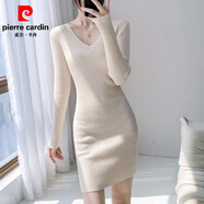 皮爾卡丹（pierre cardin）打底針織連衣裙女V領(lǐng)秋冬季配大衣內(nèi)搭毛衣裙修身小個子包臀短裙 杏色 M 100-110斤