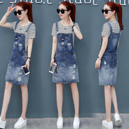 藍駿啟繡花牛仔連衣裙女春季韓版流行背帶兩件套 601#條紋T短袖+牛仔裙 S