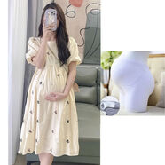 GOCHIEI孕婦裝2025新款夏季花色韓版甜美連衣裙泡泡袖中長(cháng)款清新圓領(lǐng)裙子 杏色碎花裙+白色安全褲 2XL140-160斤 均碼