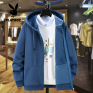 花花公子（PLAYBOY）定制秋冬加肥加大碼純棉男衛(wèi)衣加絨加厚胖子寬松連帽拉鏈開衫外套 純色-霧霾藍(lán) 加絨 XL 適合130-140斤左右